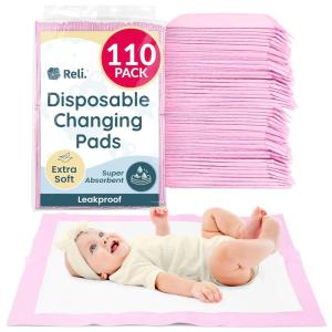 Reli. Disposable Changing Pads for Baby (110 Pack) | 13″ x 18″ Pink Disposable Diaper Changing Pad Liners | Super Absorbent, Leak-Proof | Waterproof, Quick Dry Underpads
