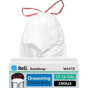 Reli. Drawstring Trash Garbage Bags, Tall Kitchen, 250 Count Bulk, White, 13 Gallon – 16 Gallon Capacity