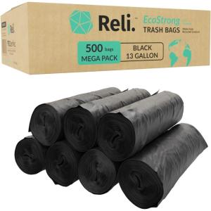 Reli. EcoStrong 13 Gallon Trash Bags | 500 Count Bulk | Black | Eco-Friendly | Made from Recycled Material(1 Count (Pack of 500))