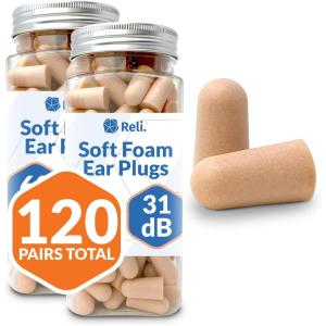 Reli. Foam Ear Plugs (120 Pairs Bulk) 31 dB NRR | Disposable Foam Ear Plugs for Sleeping Noise Cancelling | Blocks Loud Snoring, Concerts, Travel, Noise Reduction (Peach)