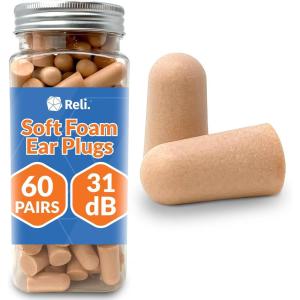Reli. Foam Ear Plugs (60 Pairs) 31 dB NRR | Disposable Foam Ear Plugs for Sleeping Noise Cancelling | Blocks Loud Snoring, Concerts, Travel, Noise Reduction (Peach)