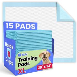 Reli. Leak-Proof Puppy Pads (15 Pack) | Pee Pads for Dogs | 8 Cups Absorbency for Multiple Dog & Pet Potty Training, Extra Large 28×34