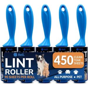 Reli. Lint Rollers for Pet Hair Extra Sticky, 450 Sheets Total | Dog & Cat Hair Remover | 5 Rolls + 5 Reusable Handles, 90 Sheets Per Roll | Lint Remover for Clothes, Couch | Easy Peel Sheets