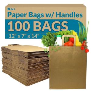Reli. Paper Grocery Bags w/Handles (100 Pcs, Bulk)(12″x7″x14″) Large Paper Grocery Bags with Handles – Heavy Duty 57 Lbs Basis – Shopping, Takeout/To Go, Retail (Brown/Kraft)
