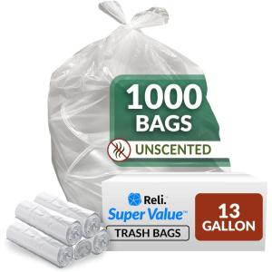 Reli. SuperValue 13 Gallon Trash Bags | 1000 Count Bulk | Tall Kitchen | Can Liners | Clear Multi-Use Garbage Bags