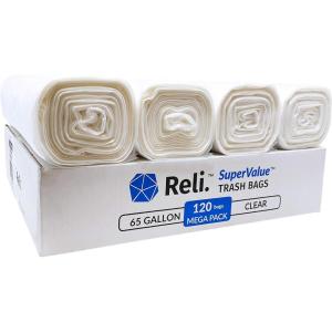 Reli. SuperValue 65 Gallon Trash Bags | 120 Count | Made in USA | Heavy Duty | Bulk | Clear Multi-Use Garbage Bags