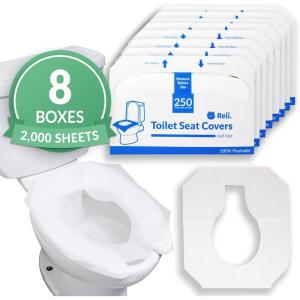 Reli. Toilet Seat Covers (2000 Pcs, 8 Packs of 250) | Disposable Toilet Seat Cover – Flushable – 14×16″ (Half-Fold) | Paper Liners for Restroom, Bathroom, Travel, Camping, Kids Potty Training