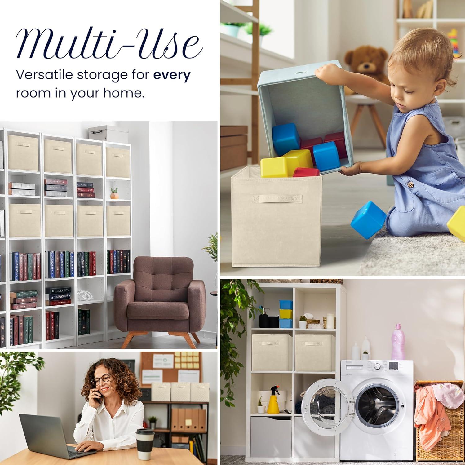 imageReli 11 Inch Cube Storage Bins 8 Pack Cube Organizer Bins 11x11 Fabric Storage Boxes Collapsible Foldable Fabric Cubby Box Square Kids Room Organization Beige