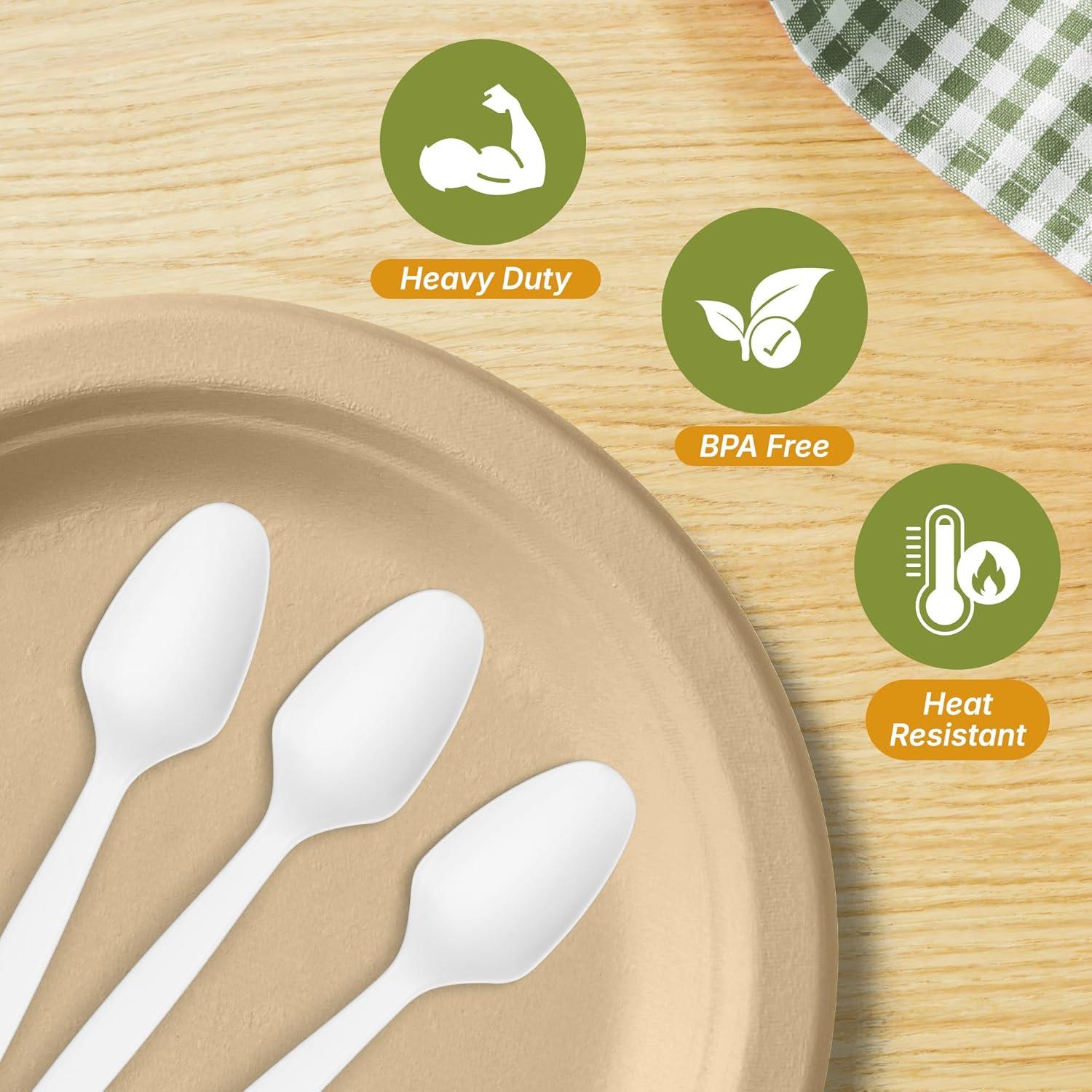 imageReli Compostable Spoons 600 Pack Soup Spoons Disposable Utensils Heavy Duty Compostable Utensils Cutlery for Party Hot Food Party Supplies BPA Free Cornstarch White