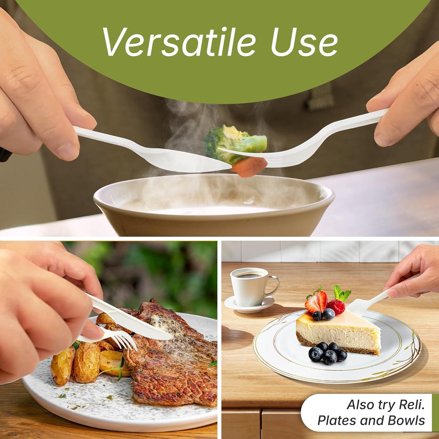 imageReli Compostable Utensils Set 180 Pack 60 Ea Knives Forks Spoons Disposable Utensils Heavy Duty Compostable Cutlery Set for Party Events BPA Free CornstarchComposting Flatware White