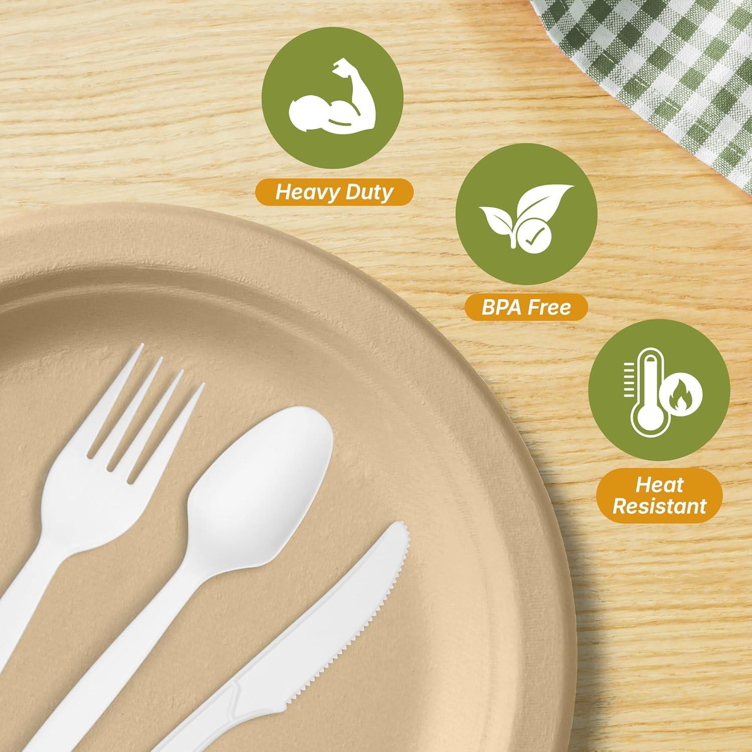 imageReli Compostable Utensils Set 360 Pack 120 Ea Knives ForksSpoons Disposable Utensils Heavy Duty Compostable Cutlery Set for Party Events BPA Free CornstarchComposting Flatware White