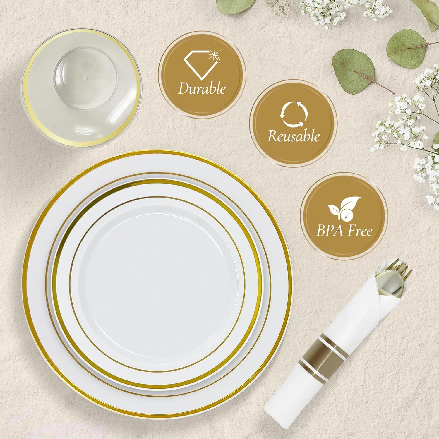 imageReli Plastic Plates for Party 350 Pieces White wGold Rim Plates and Napkins Party Supplies Disposable Dinnerware Set for 50 Guests Dinner amp Dessert Pack PreRolled Gold Cutlery Set Cups