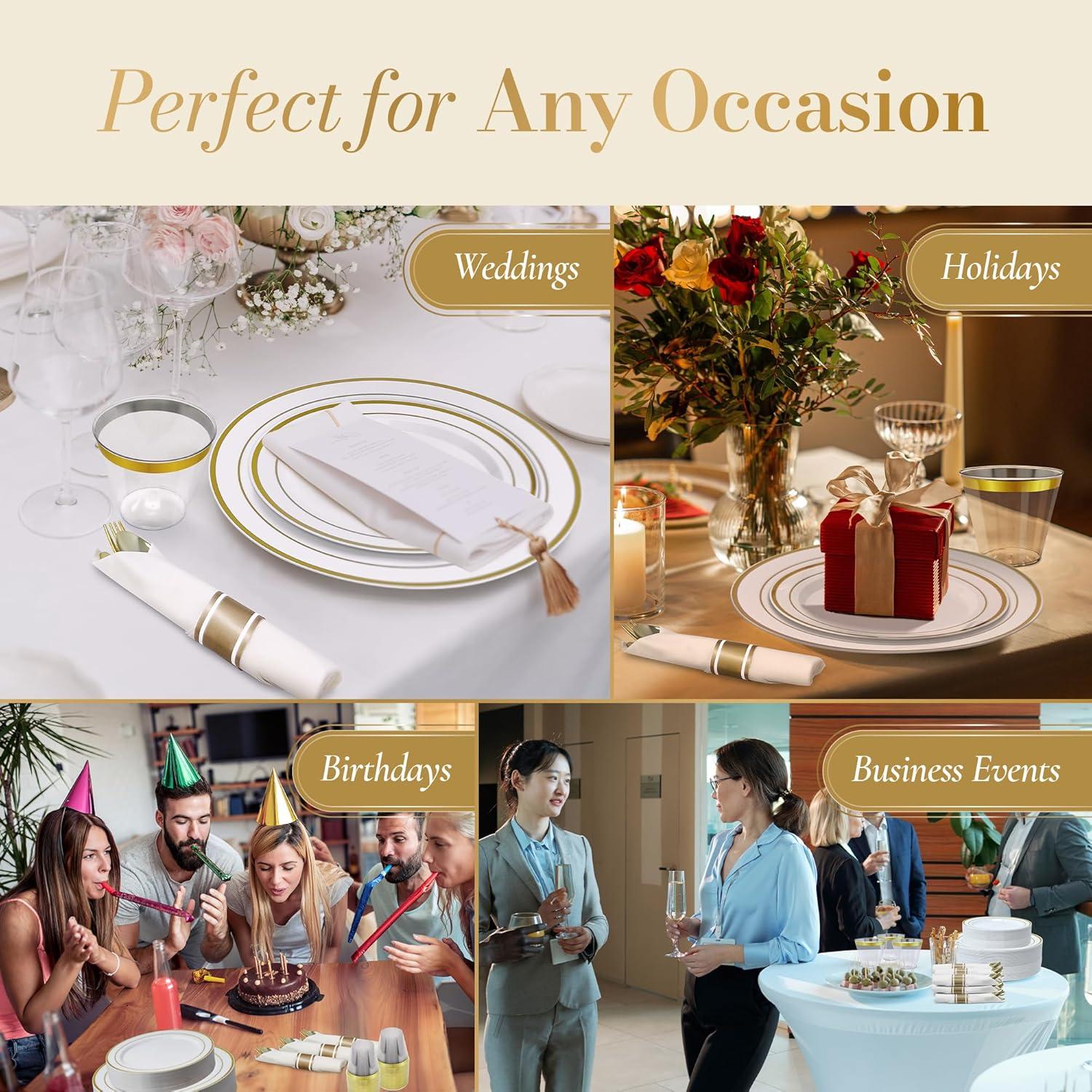 imageReli Plastic Plates for Party 350 Pieces White wGold Rim Plates and Napkins Party Supplies Disposable Dinnerware Set for 50 Guests Dinner amp Dessert Pack PreRolled Gold Cutlery Set Cups