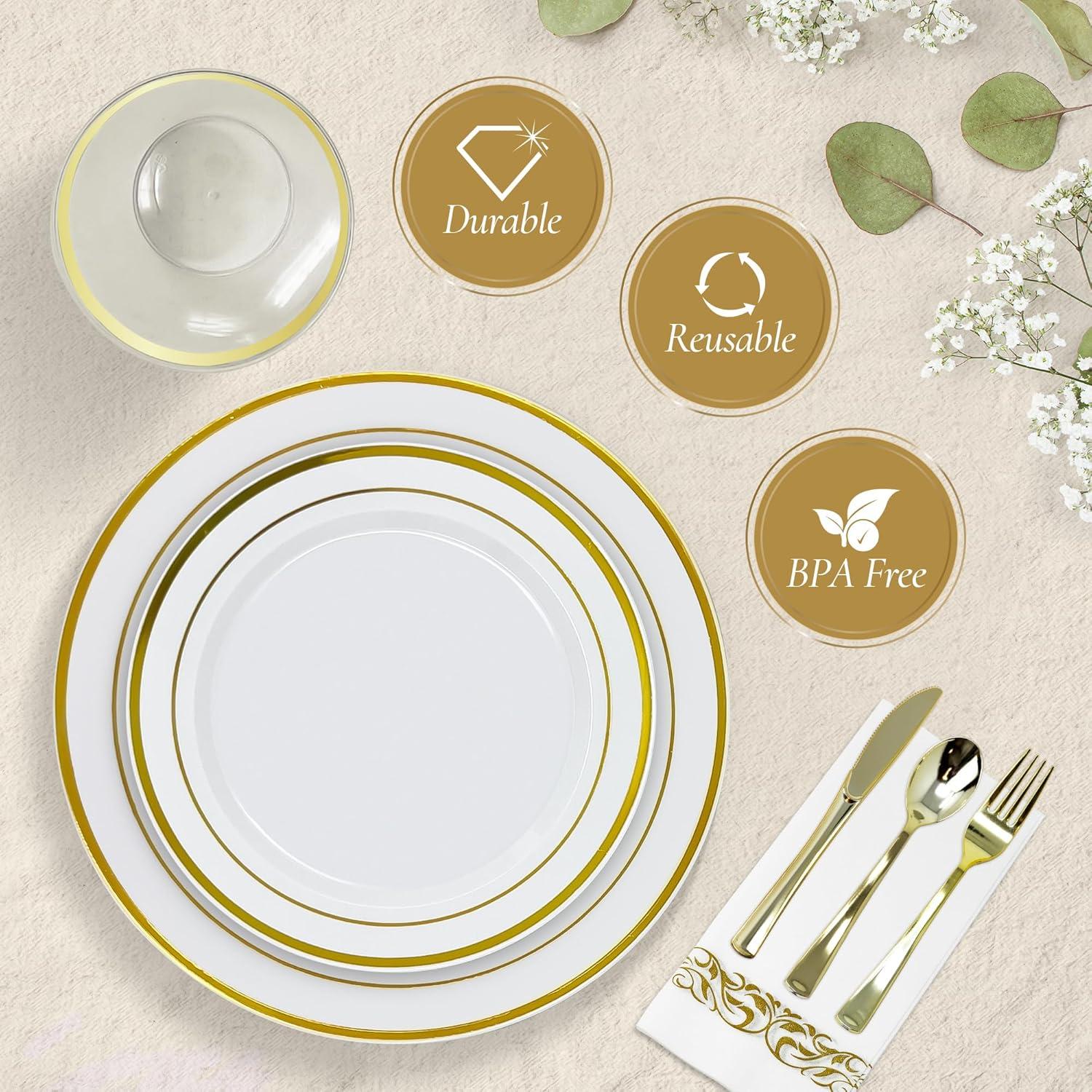 imageReli Plastic Plates for Party 385 Pieces White wGold Rim Plates and Napkins Party Supplies Disposable Dinnerware Set for 55 Guests Dinner amp Dessert Pack Gold Cutlery Set Napkins Cups