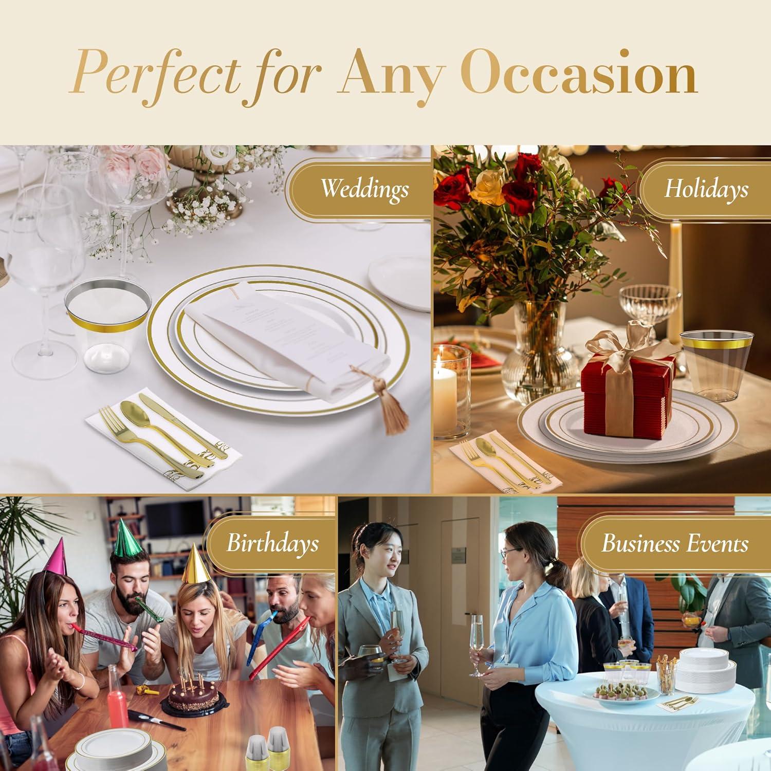 imageReli Plastic Plates for Party 385 Pieces White wGold Rim Plates and Napkins Party Supplies Disposable Dinnerware Set for 55 Guests Dinner amp Dessert Pack Gold Cutlery Set Napkins Cups