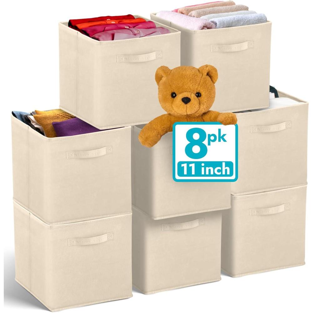 imageReli 11 Inch Cube Storage Bins 8 Pack Cube Organizer Bins 11x11 Fabric Storage Boxes Collapsible Foldable Fabric Cubby Box Square Kids Room Organization Beige