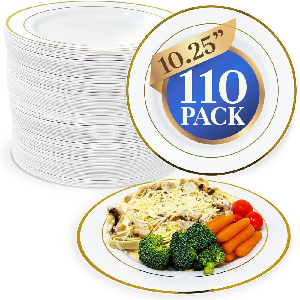 imageReli 110 Pcs Plastic Dinner Plates Disposable 1025 inch White wGold Rim Heavy Duty Plates for Party Elegant Dinner Wedding Birthday White Hard Plastic