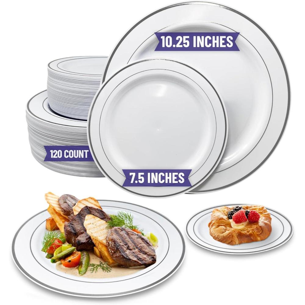 imageReli 120 Pcs Plastic Plates Disposable Combo White Silver Rim 1025 Dinner Size 60 Pcs amp 75 Dessert Size 60 Pcs Heavy Duty Fancy Plates for Party Wedding Hard Plastic1025 75