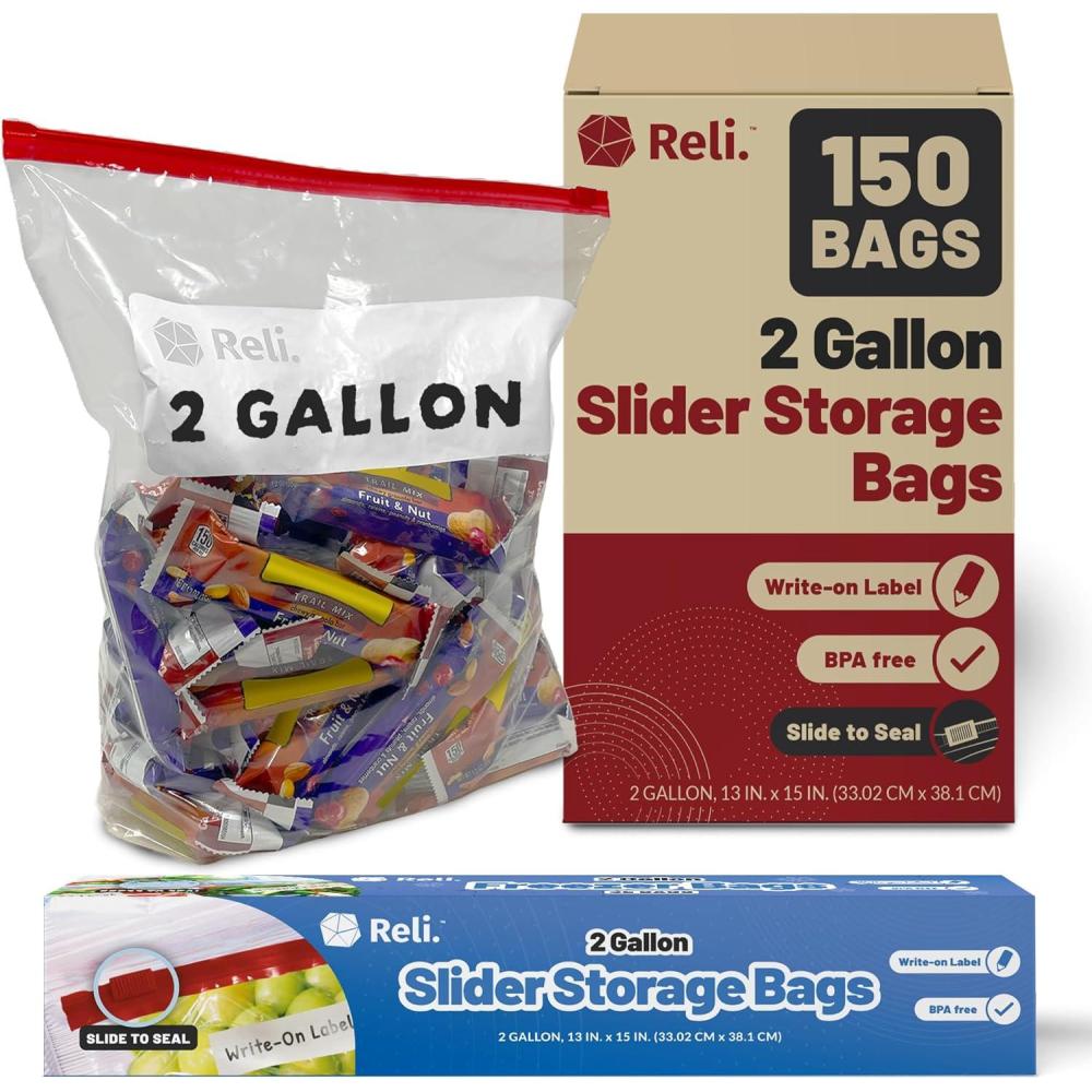 imageReli 2 Gallon Slider Bags 150 Count 13x15 inch Jumbo Food Storage Bags 2 Gallon Slider Write on Label Bulk 2Gal Sliding Storage Extra Large Clear wRed Sliding Closure for Food2 Gallons 13x15 inch