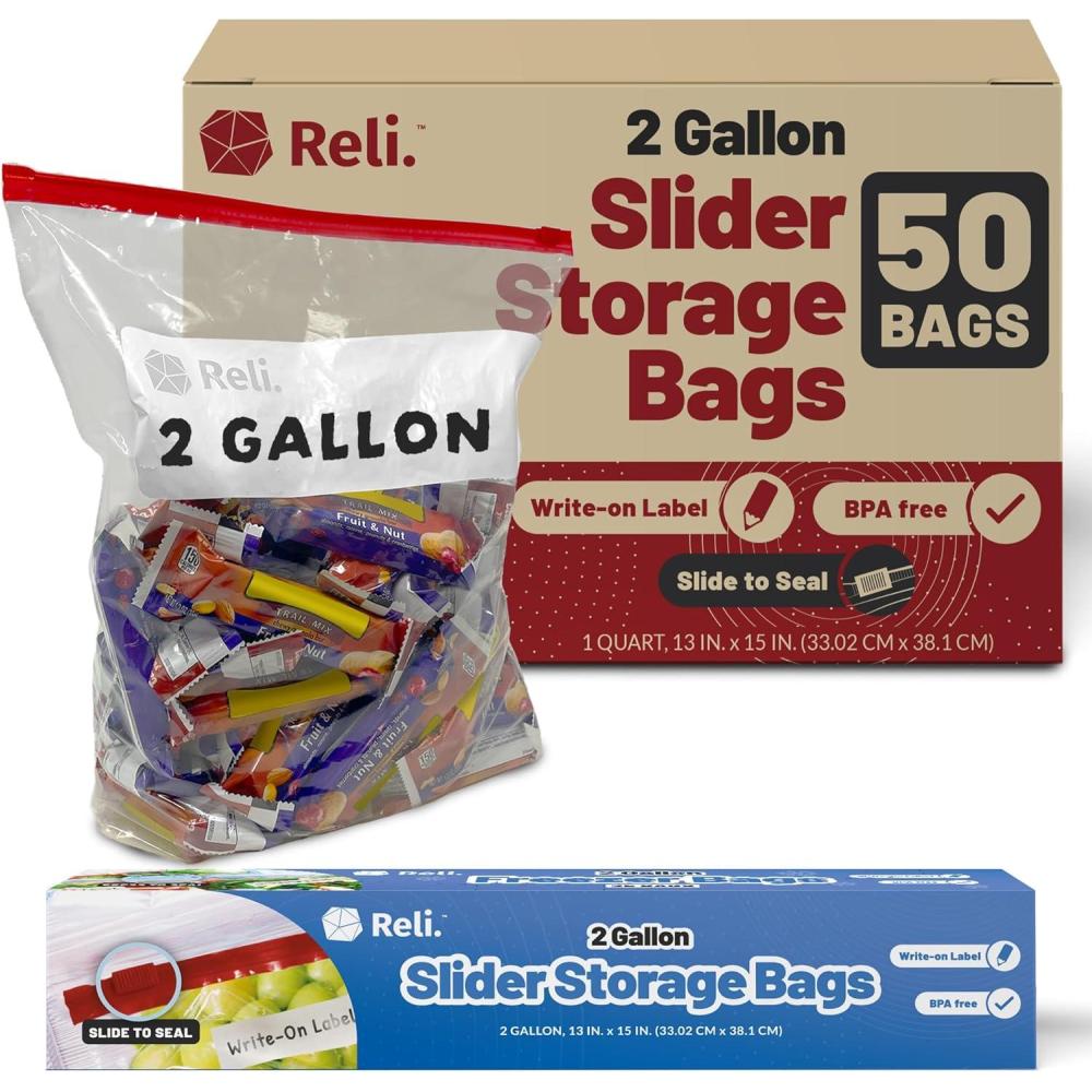 imageReli 2 Gallon Slider Bags 50 Count 13x15 inch Jumbo Food Storage Bags 2 Gallon Slider Write on Label 2Gal Sliding Storage Extra Large Clear wRed Sliding Closure for Food