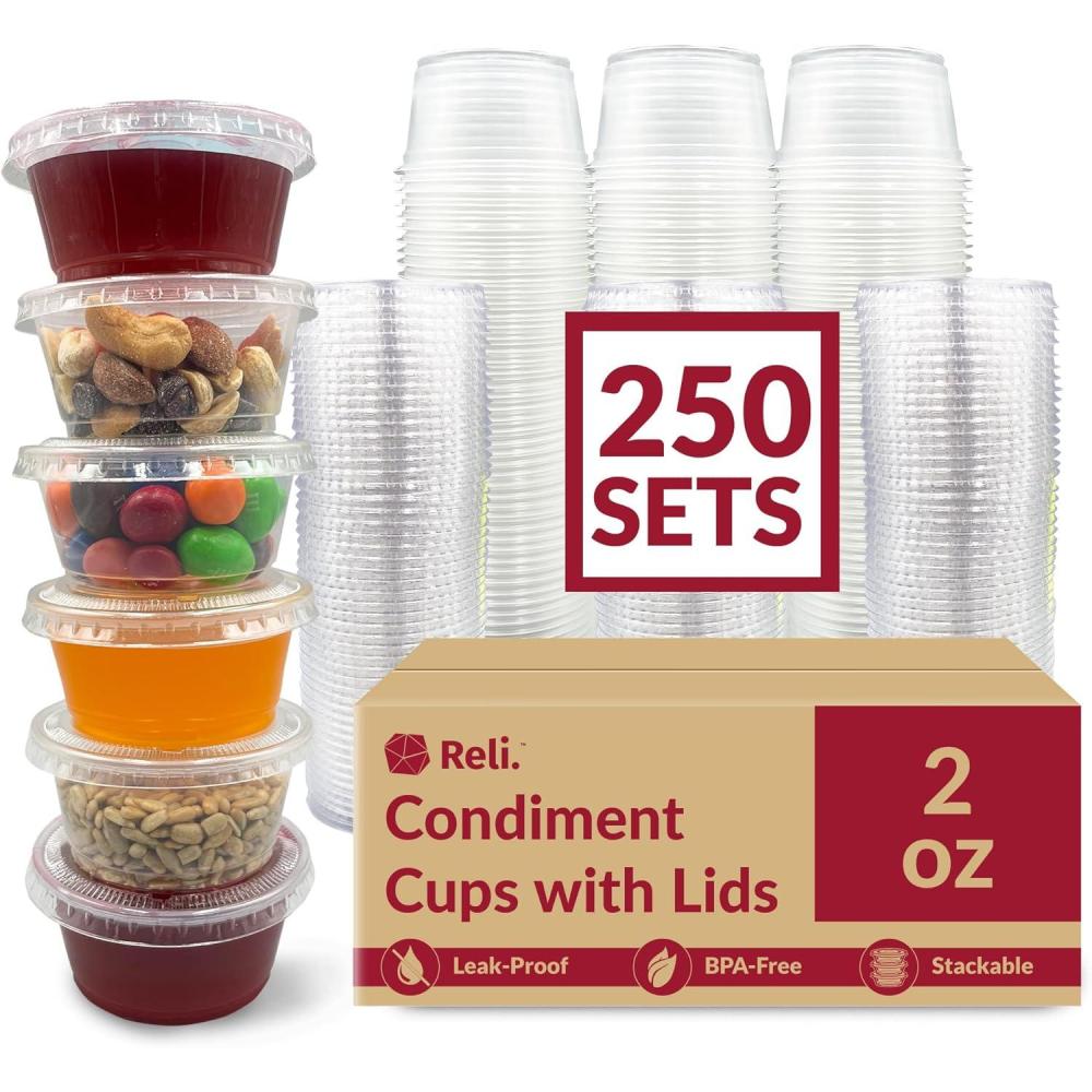 imageReli 2 oz Small Containers with Lids 250 Sets Jello Shot Cups with Lids Clear Plastic Condiment Containers Portion Cups Sauce Souffle Stackable Bulk