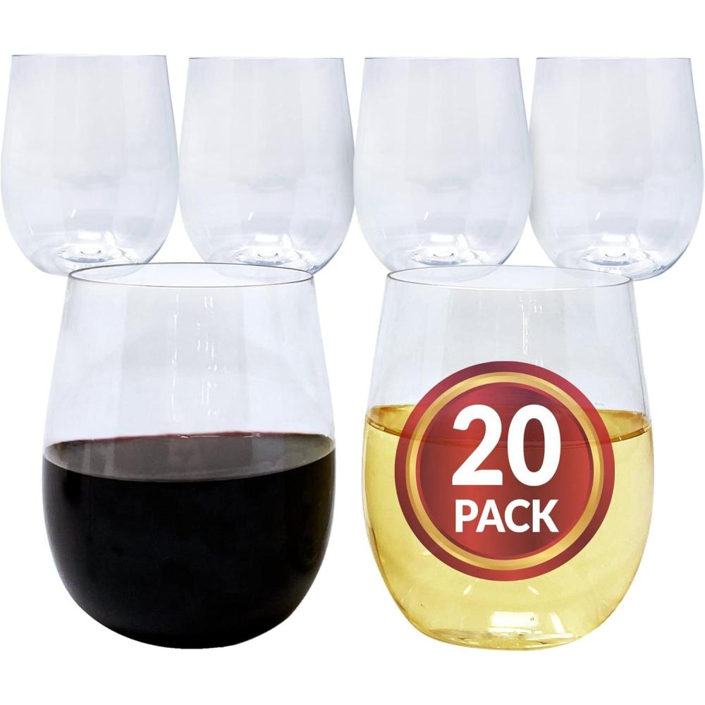 imageReli 20 Pack Disposable Wine Glasses 12 oz Stemless Plastic Wine Glasses for Parties BPAFree Shatterproof Plastic Clear Drinking Party Cups for Cocktails Whiskey Wedding