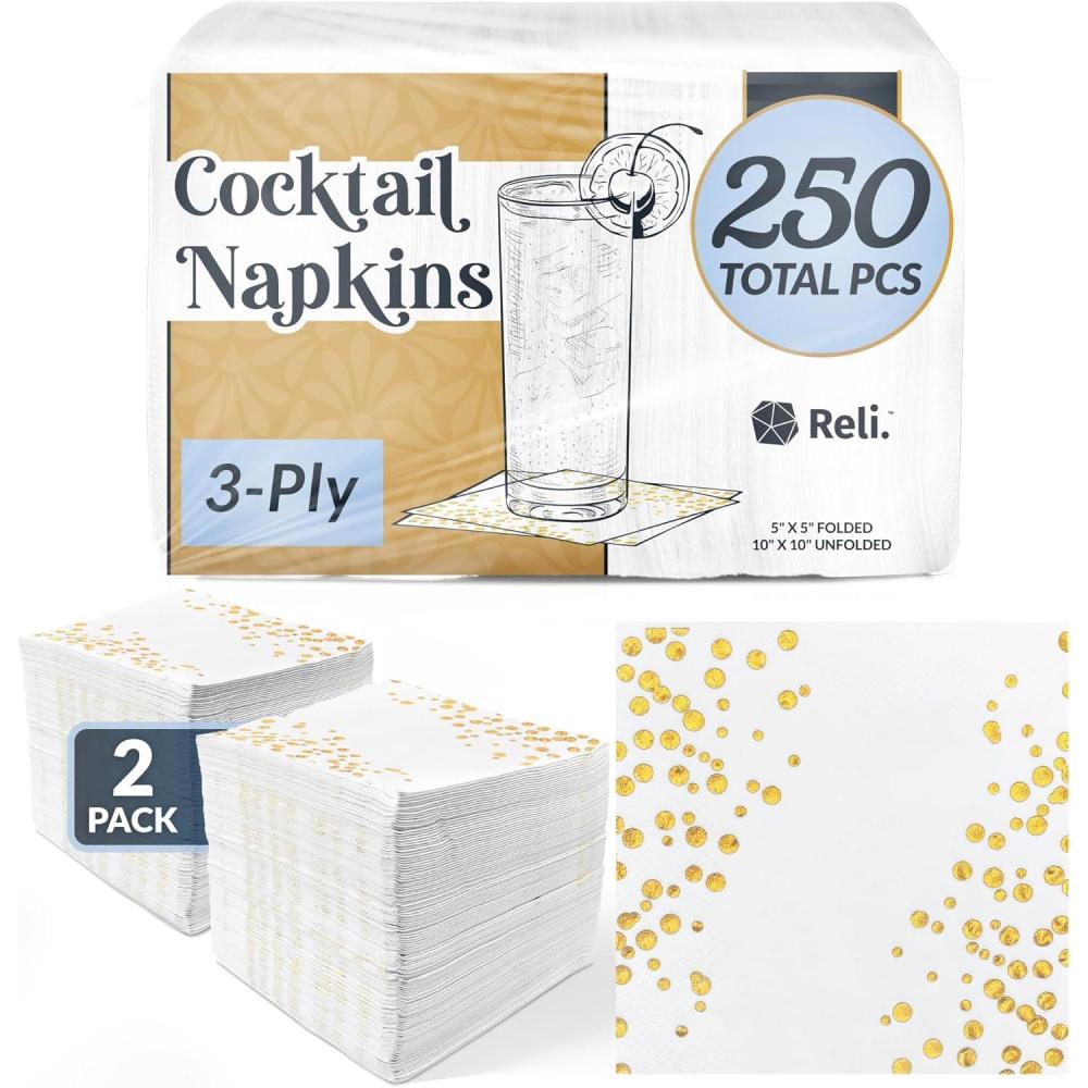 imageReli 250 Count Cocktail Napkins 3Ply White and Gold Beverage Napkins Disposable 5 x 5 in for Small Party Bar Wedding Use for Coffee Dessert WhiteGold