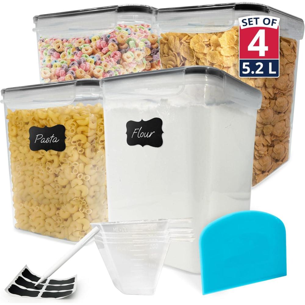 imageReli 52L Airtight Food Storage Containers with Lids 4 Sets Kitchen Organizers and Storage Pantry Organizers BPA Free Plastic Container Set w 4 Measuring Cups Dough Scraper 6 Labels Pen