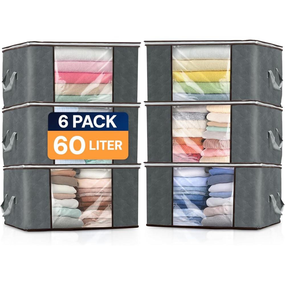 imageReli 60L Clothes Storage Bags 6 Pack Foldable Closet Organizers amp Closet Storage Containers Foldable Bins with Lids Handles Large Clothing Bags for Towels Toys Blankets Grey6