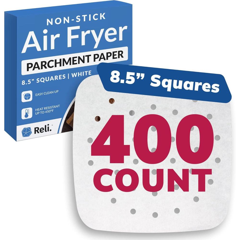 imageReli Air Fryer Parchment Paper Liners 400 Pcs White 85 Inch Square Disposable Liner Sheets Parchment Paper for Air Fryer Steaming Baking Perforated Food Grade