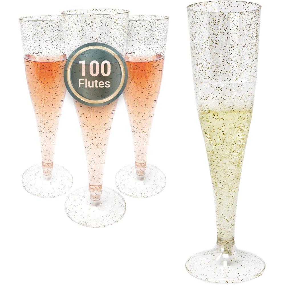 imageReli Champagne Flutes Plastic 100 Pack 45 oz Gold Glitter Premium Plastic Champagne Flutes PartyPerfect for Celebrations