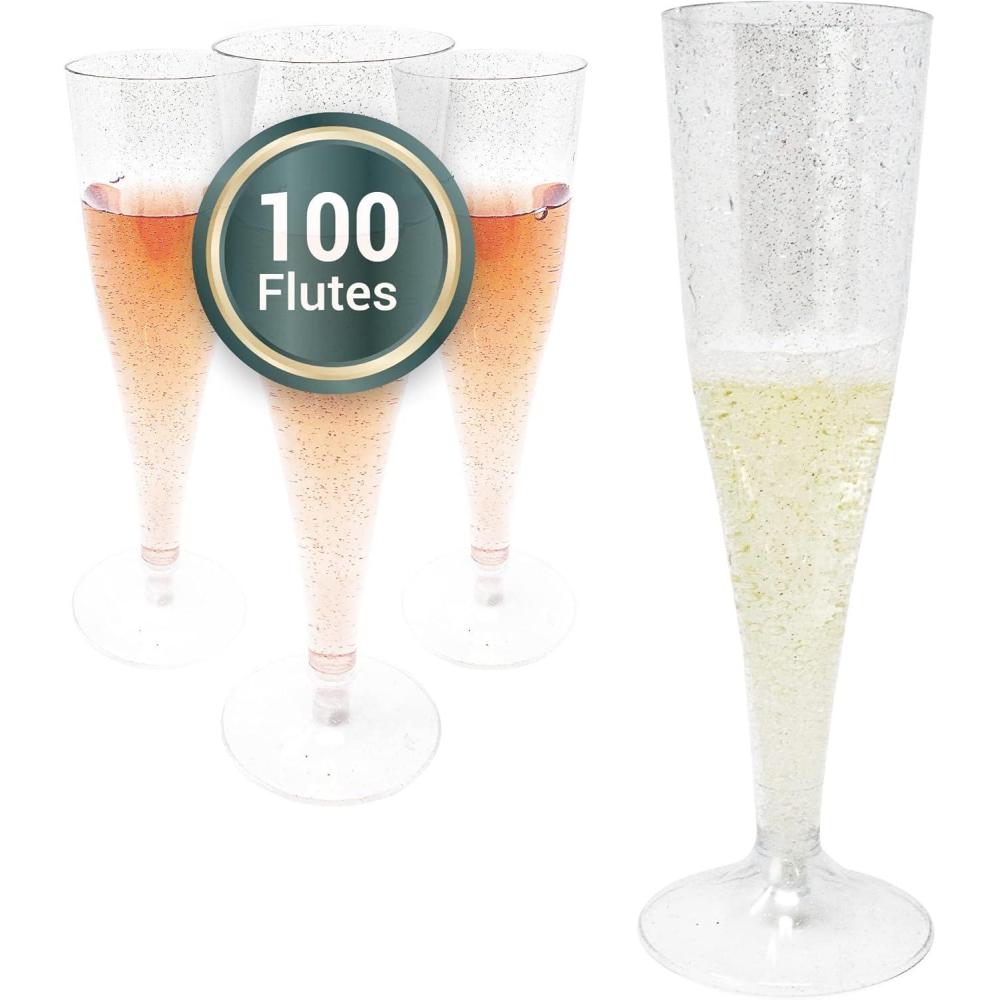 imageReli Champagne Flutes Plastic 100 Pack 45 oz Silver Glitter Premium Plastic Champagne Flutes PartyPerfect for Celebrations