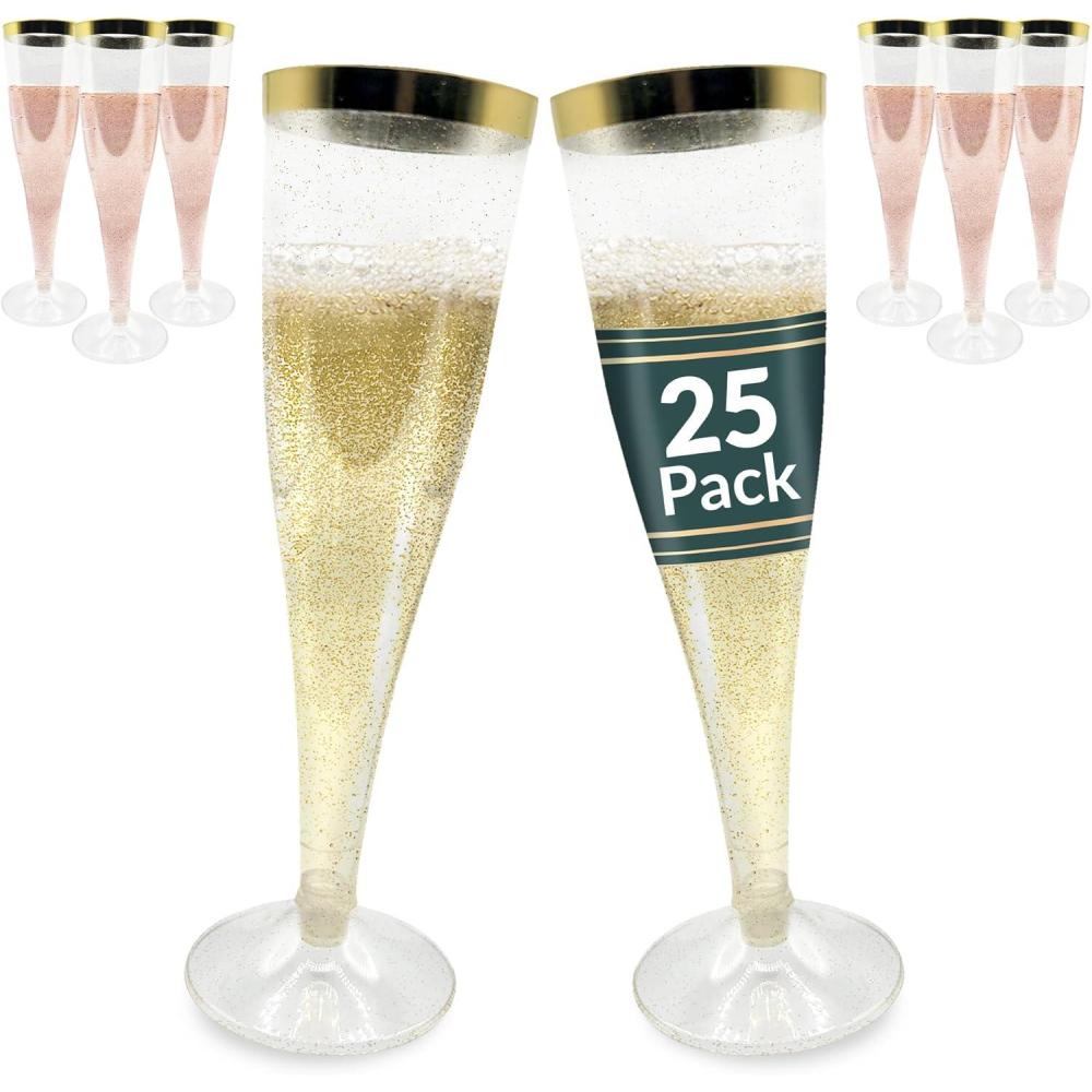 imageReli Champagne Flutes Plastic 25 Pack 45 oz Gold Rim amp Glitter Premium Plastic Champagne Flutes PartyPerfect for Celebrations