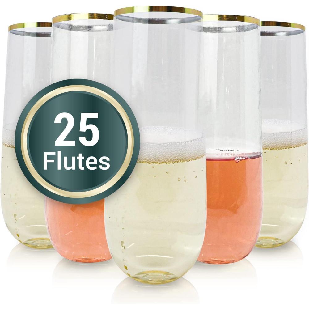 imageReli Champagne Flutes Plastic 25 Pack 9 oz Gold Rim Clear Stemless Premium Plastic Champagne Flutes PartyPerfect for Celebrations25
