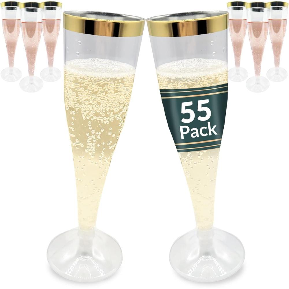 imageReli Champagne Flutes Plastic 55 Pack 45 oz Gold Rim Clear Premium Plastic Champagne Flutes PartyPerfect for Celebrations