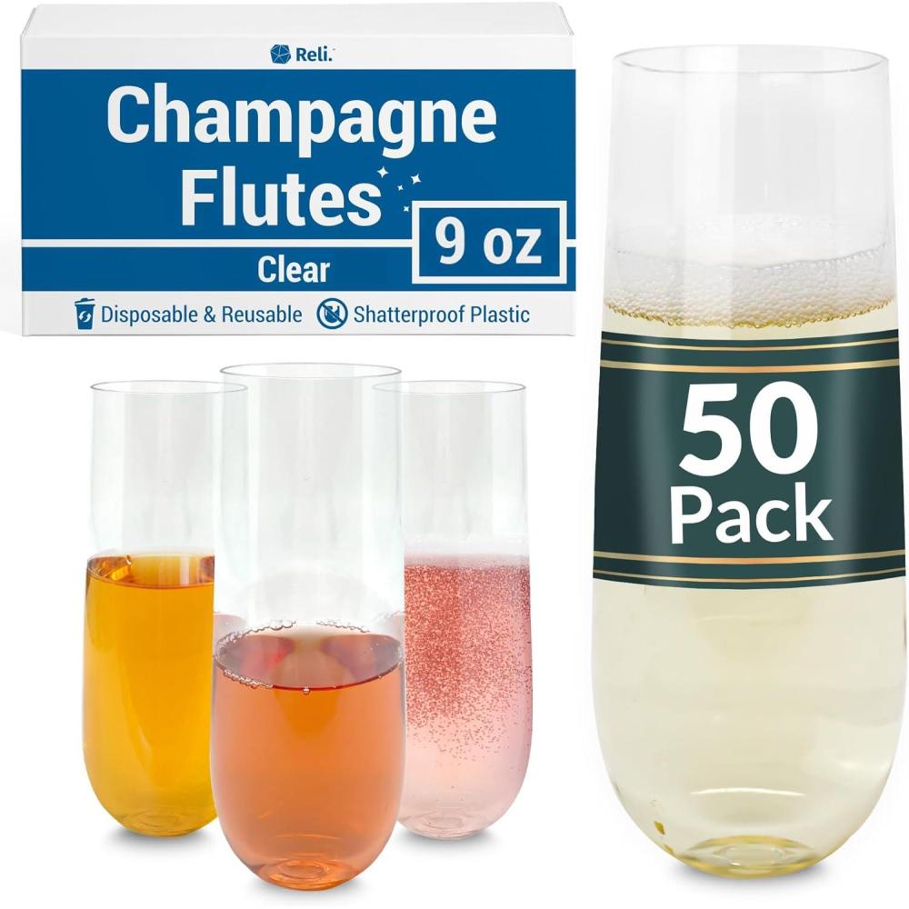 imageReli Champagne Flutes Plastic 50 Pack 9oz Clear Stemless Disposable Mimosa Glasses for Champagne Mimosa Cocktail WeddingParties BPAFree Plastic Champagne Flutes Shatterproof Cups