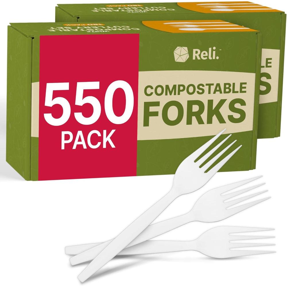 imageReli Compostable Forks 550 Pack Disposable Utensils Heavy Duty Forks Compostable Utensils Cutlery for Party Events Party Supplies BPA Free Cornstarch Composting Flatware White