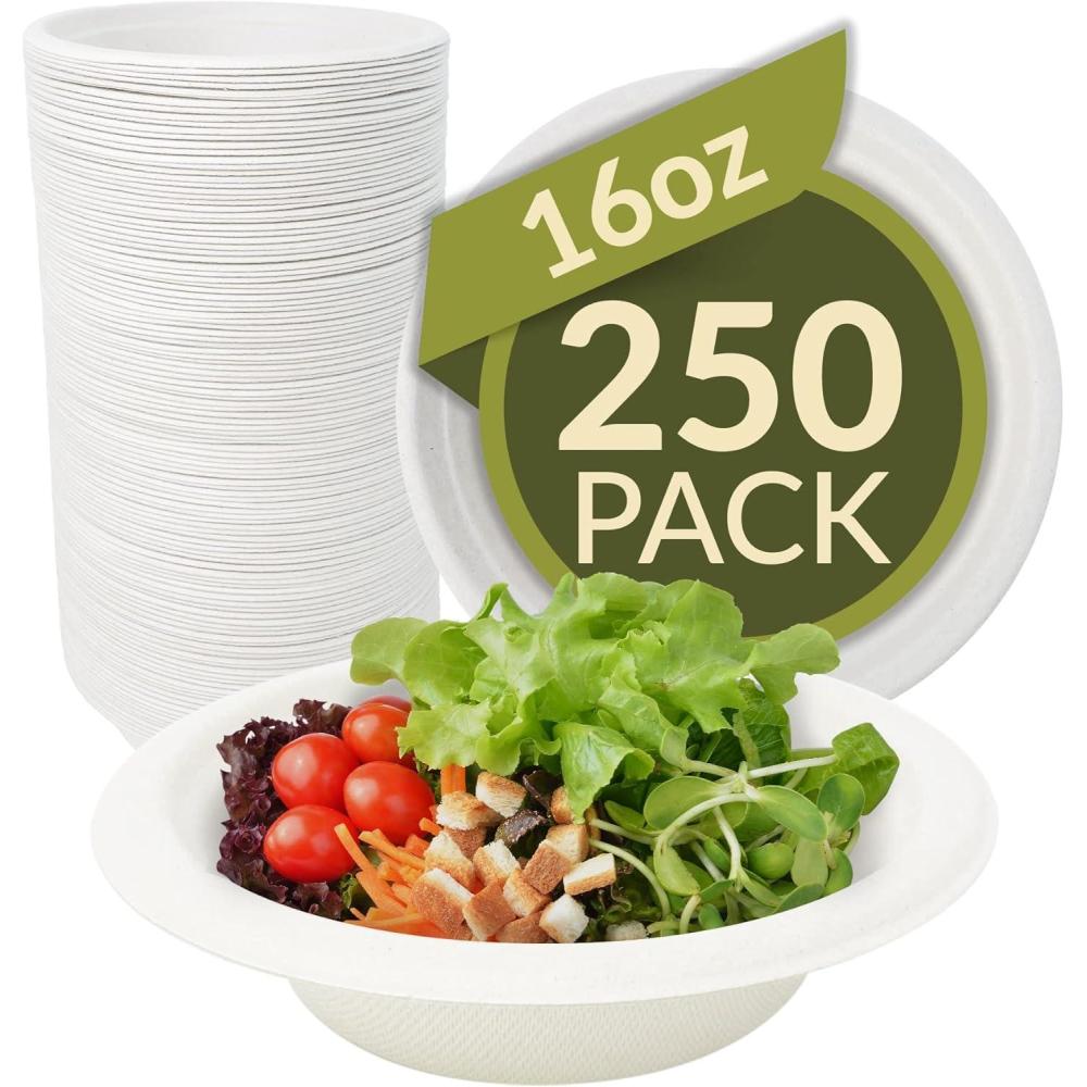 imageReli Compostable Paper Bowls 16 oz 250 Pack Bulk White Paper Bowls Disposable EcoFriendly Heavy Duty Biodegradable Sugar Cane Fiber Material Small Bagasse Use for Soups 16oz