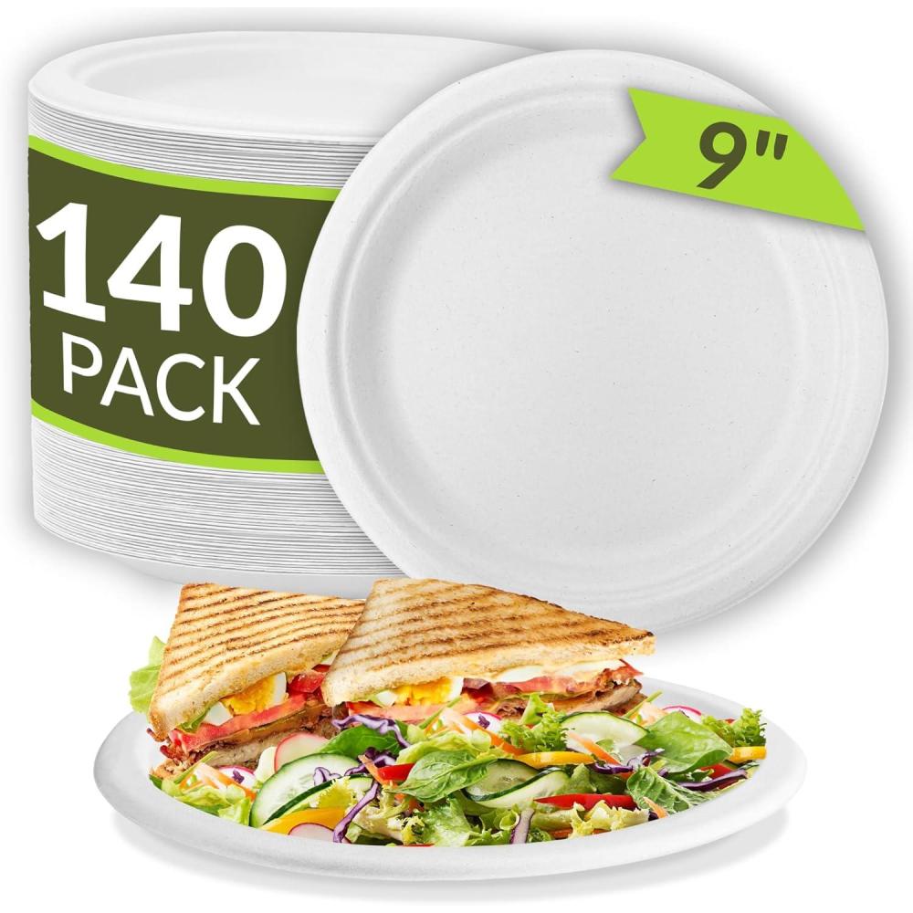 imageReli Compostable Paper Plates 9 Inch 140 Pack Bulk White Disposable Plates 9 Heavy Duty Paper EcoFriendly Made of Sugarcane FibersBagasse BiodegradableCompostable