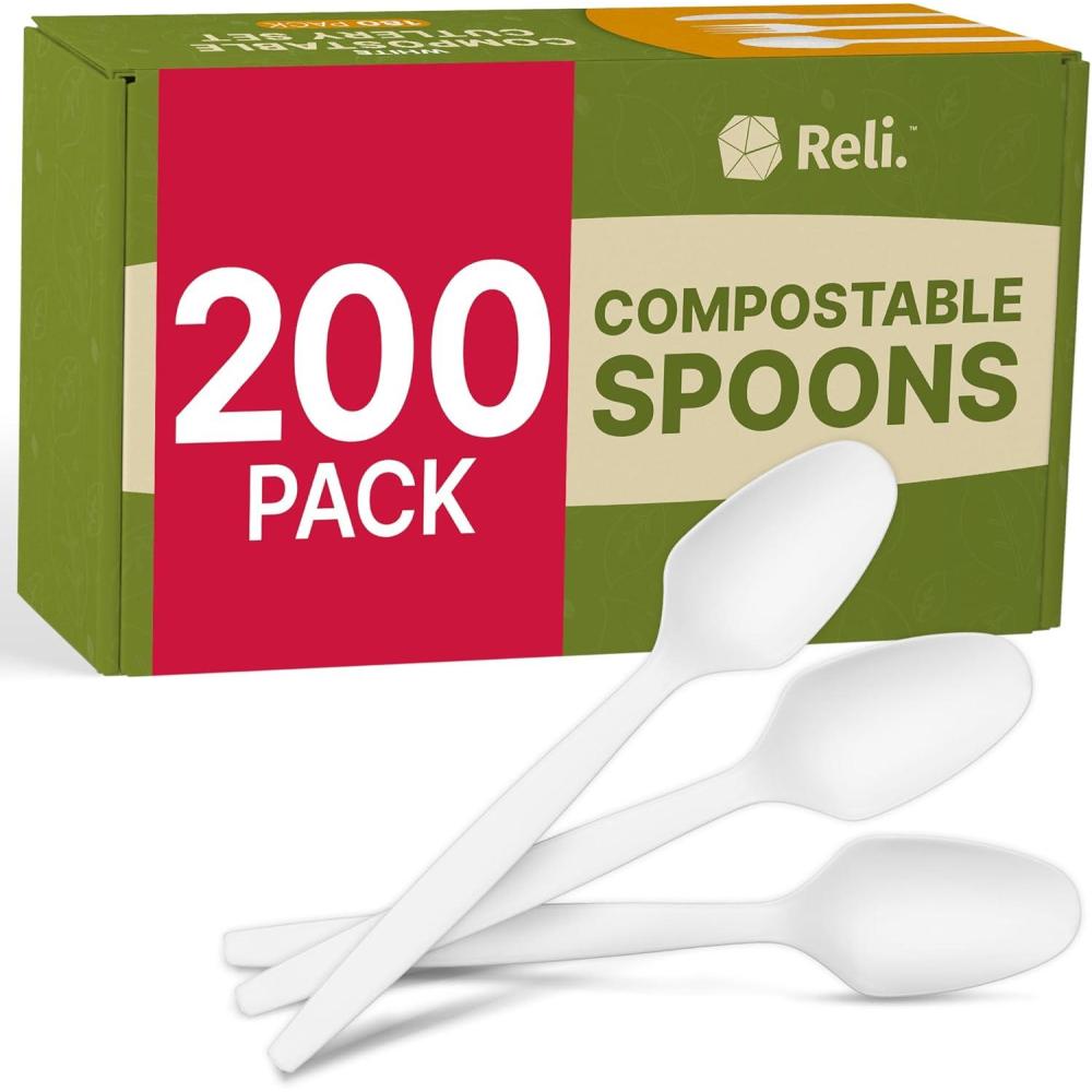 imageReli Compostable Spoons 200 Pack Soup Spoons Disposable Utensils Heavy Duty Compostable Utensils Cutlery for Party Hot Food Party Supplies BPA Free Cornstarch White