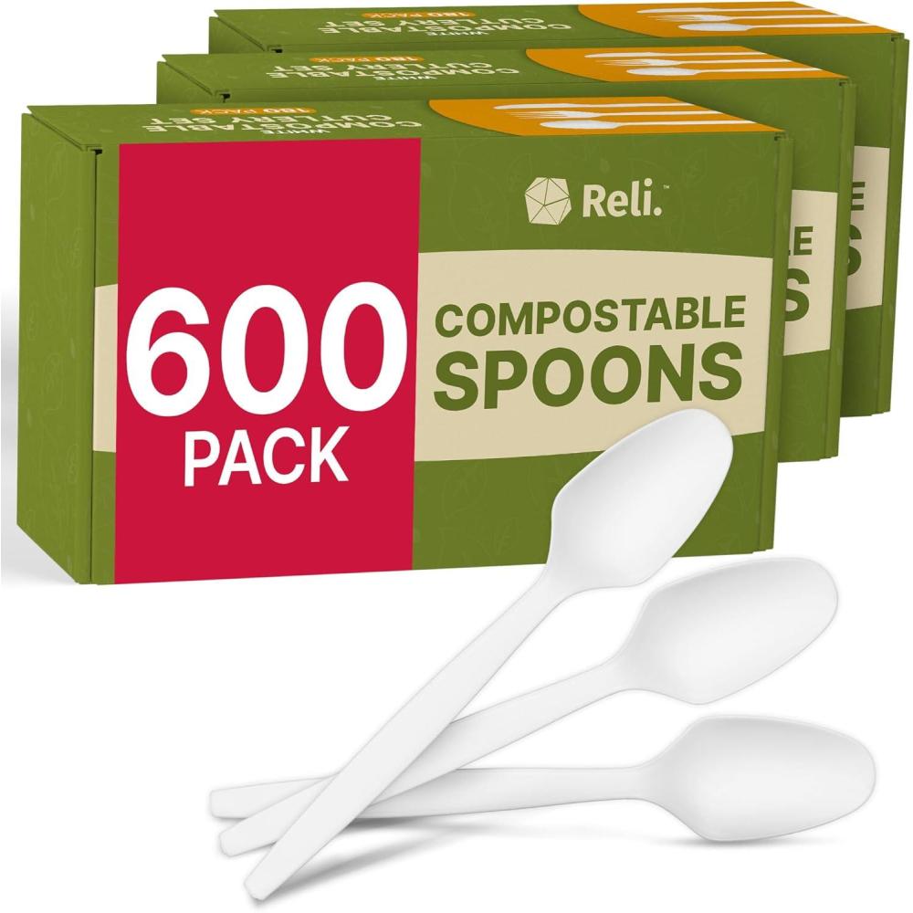 imageReli Compostable Spoons 600 Pack Soup Spoons Disposable Utensils Heavy Duty Compostable Utensils Cutlery for Party Hot Food Party Supplies BPA Free Cornstarch White