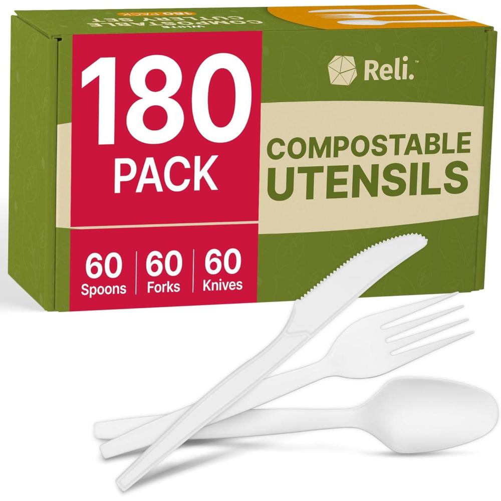 imageReli Compostable Utensils Set 180 Pack 60 Ea Knives Forks Spoons Disposable Utensils Heavy Duty Compostable Cutlery Set for Party Events BPA Free CornstarchComposting Flatware White