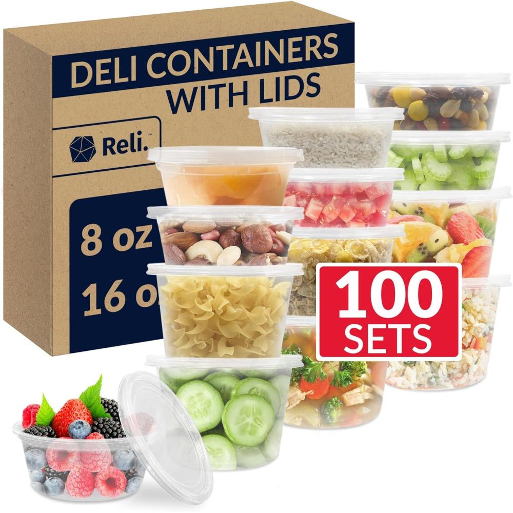 imageReli Deli Containers with Lids 100 Sets Total Variety Pack 8oz 50 pc 16oz 50 pc wLids Plastic Soup Container with Lid Clear Food Storage Microwave amp Freezer Safe
