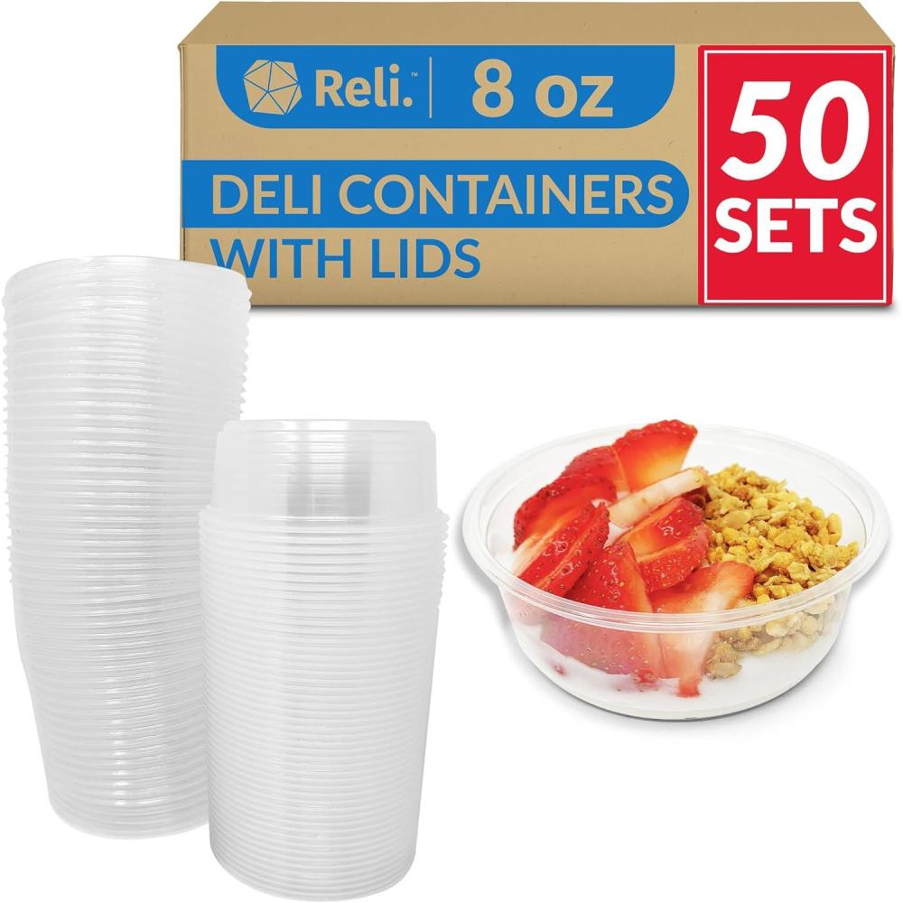 imageReli Deli Containers with Lids 50 Sets 8 oz Plastic Deli Containers with Lids 8oz Disposable To Go Food Storage Microwave amp Freezer Safe Clear