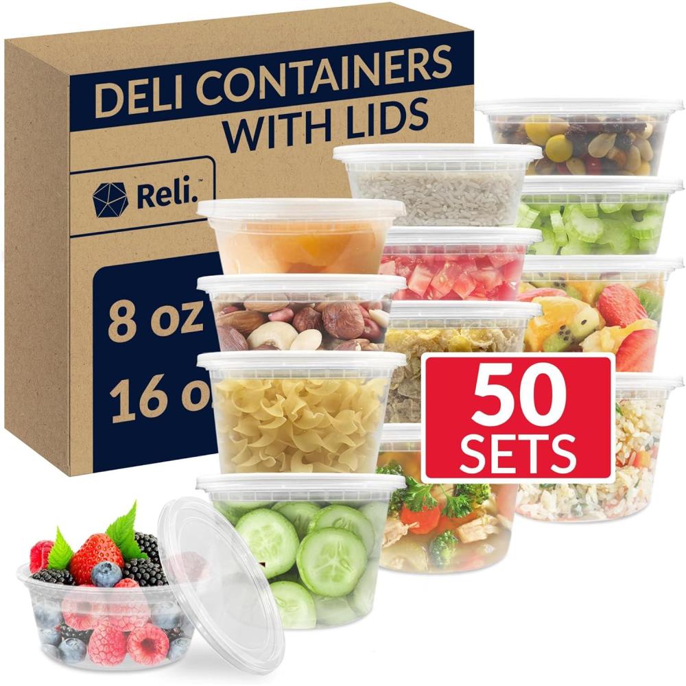 imageReli Deli Containers with Lids 50 Sets Total Variety Pack 8 oz 25 Sets 16 oz 25 Sets Plastic Soup Containers for To Go Meal Prep Food Storage BPA Free Disposable Microwave Freezer Safe