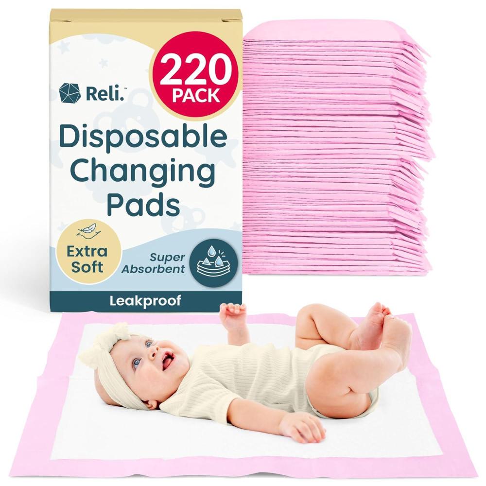 imageReli Disposable Changing Pads for Baby 220 Pack Disposable Diaper Changing Pads 13 x 18 Super Absorbent LeakProof Liners Waterproof Quick Dry Underpads PinkWhite