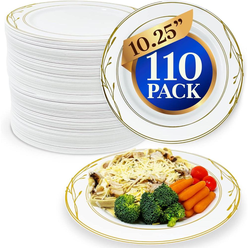 imageReli Disposable Plastic Plates White amp Gold Rim 110 Pcs 1025 Hard Plastic Dinner Plate Elegant Heavy Duty Disposable Round Platters for Party Wedding Event Christmas Gold Trim