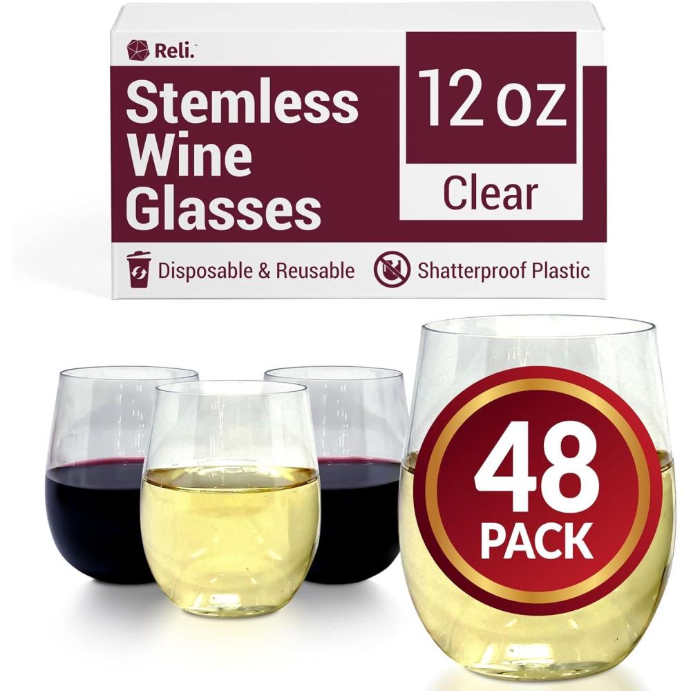 imageReli Disposable Wine Glasses 48 Pack 12oz Plastic Stemless Wine Glasses Disposable Clear and Stemless for Parties Cocktails Whiskey Weddings Shatterproof