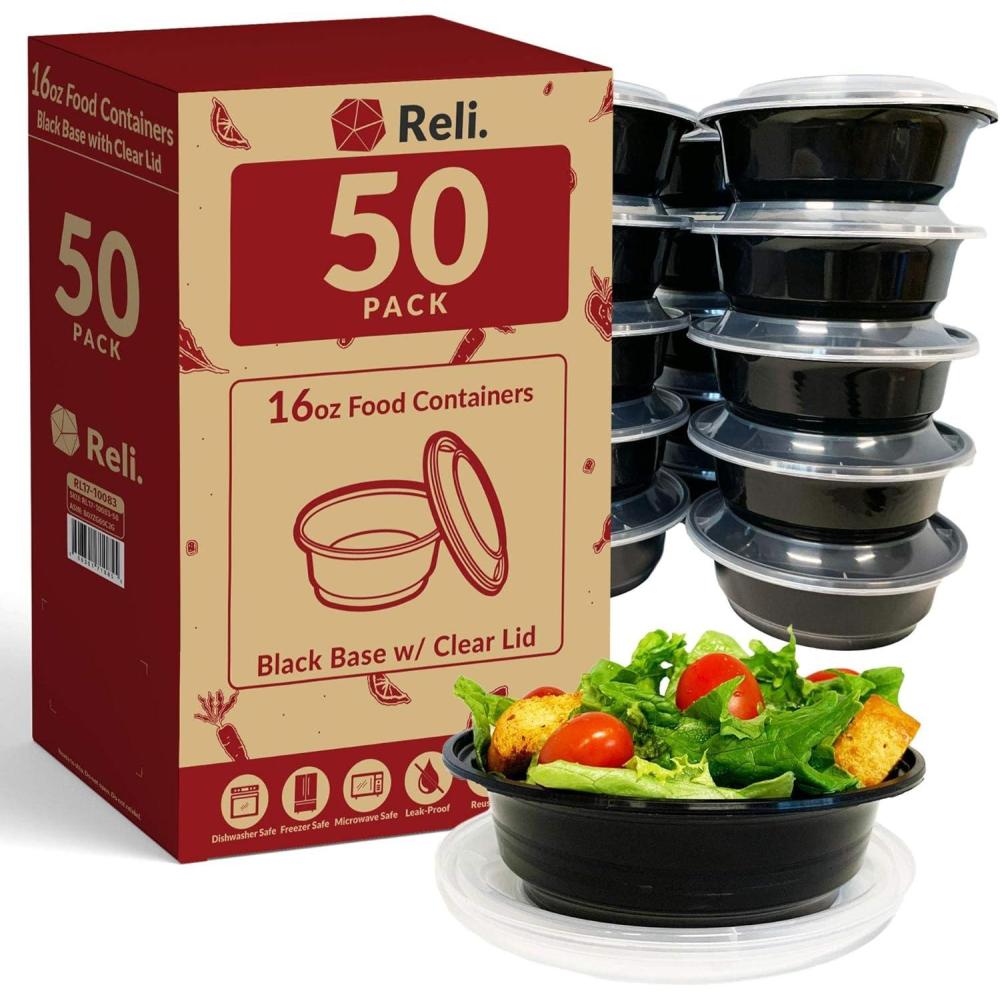 imageReli Meal Prep Bowls wLids 50 Pack 16 oz Disposable Bowls with Lids MicrowaveFreezer Safe