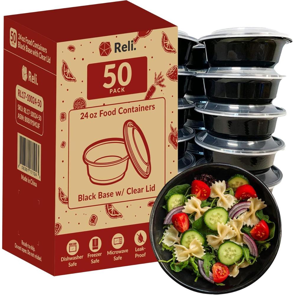 imageReli Meal Prep Container Bowls 24 oz 50 Pack Round Meal Prep Containers with Lids Reusable 24 oz Bowls with Lids Microwavable Black Food Storage Boxes Black